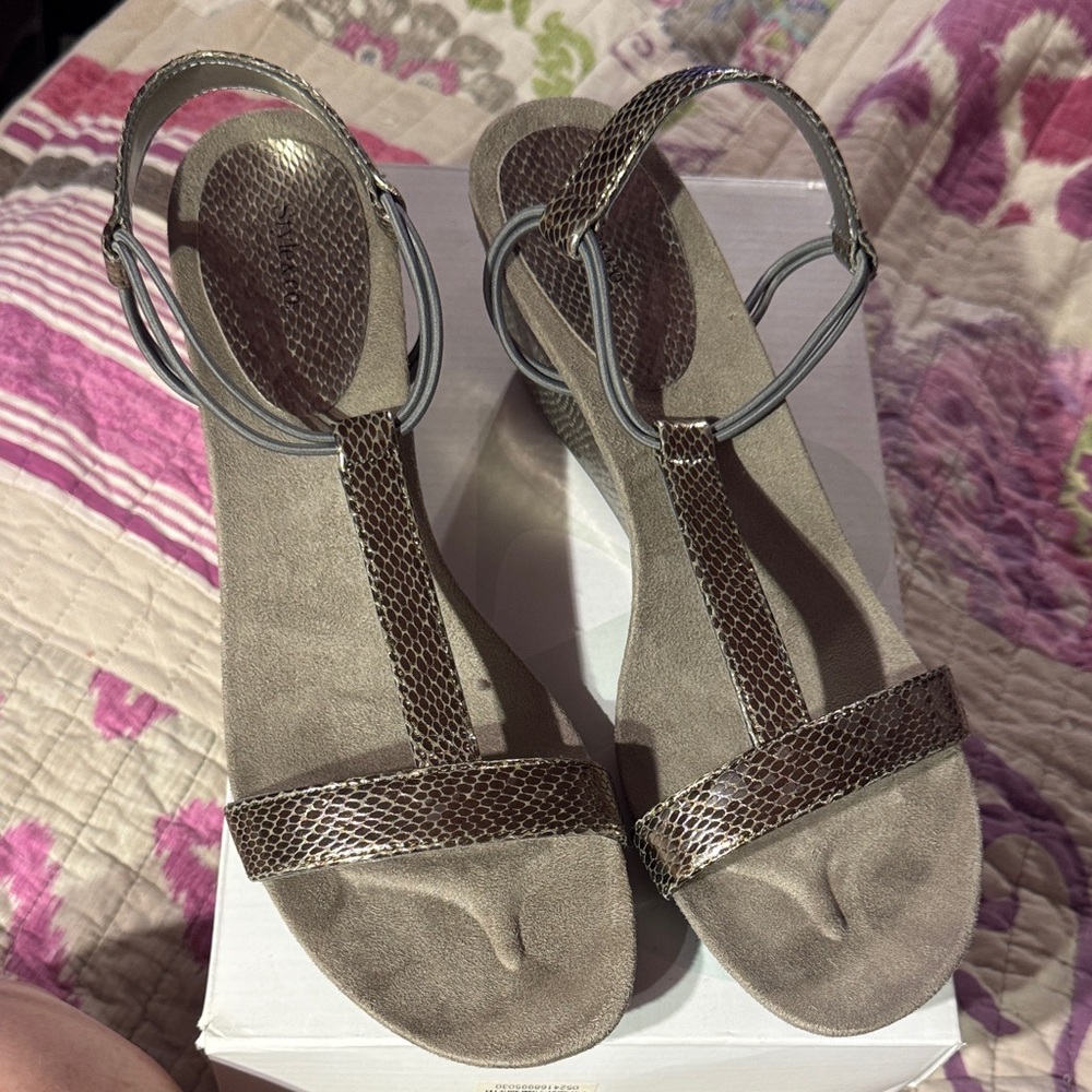 Elegant Style & Co.pewter wedge sandals size 9 1/2 never worn with original box